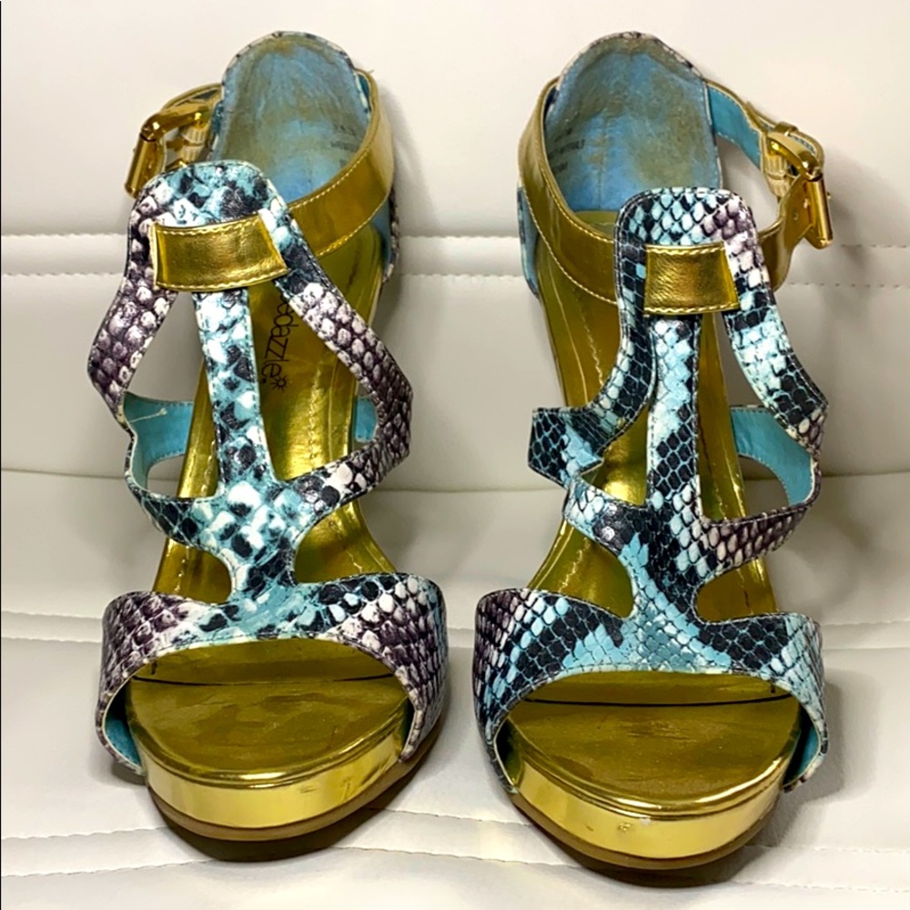Strappy multi-color “snake skin” print sandals